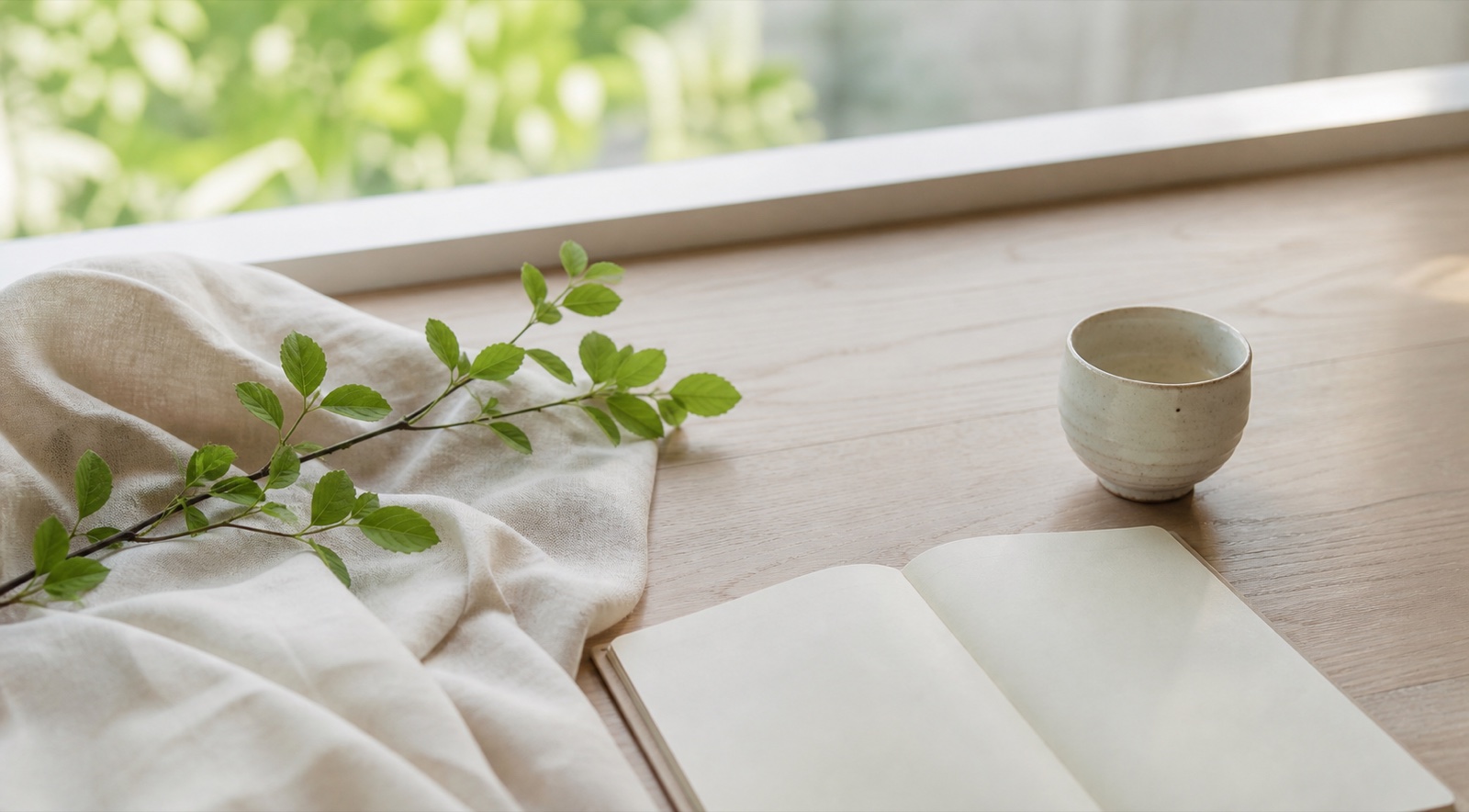 自然光のそばに置かれたノートと茶器